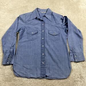 VTG Chambray Shirt Womens L Blue Retro 70s Flared Western Lightweight Disco